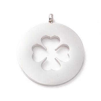 304 Stainless Steel Pendants, Flat Round with Clover, Stainless Steel Color, 28.5x25x4mm, Hole: 2.5mm