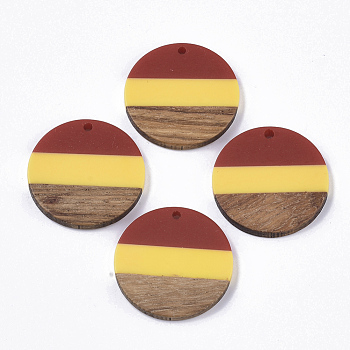 Tri-color Resin & Walnut Wood Pendants, Flat Round, FireBrick, 28x3.5mm, Hole: 2mm
