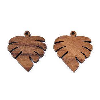 Natural Walnut Wood Pendants, Undyed, Leaf Charm, Camel, 29.5x26.5x2.5mm, Hole: 1.8mm