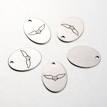 Spray Painted Stainless Steel Pendants, Oval with Flying Heart Pattern, Stainless Steel Color, 30x22x1mm, Hole: 3mm