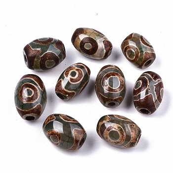 Tibetan Style dZi Beads, Natural Agate Beads, Dyed & Heated, Oval, 3-Eye, 13x11mm, Hole: 1.2~2mm