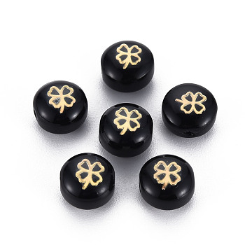 Handmade Lampwork Beads, with Golden Plated Brass Etched Metal Embellishments, Flat Round with Clover, Black, 8x5~6mm, Hole: 0.8mm