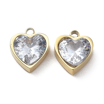 Ion Plating(IP) 304 Stainless Steel Charm, with Glass, Heart Charm, Real 18K Gold Plated, 9x7.5x3.5mm, Hole: 1mm