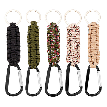 5Pcs 5 Colors Aluminum Rock Climbing Carabiners, Key Clasps, with Stainless Steel Split Key Rings and Nylon Cord, Mixed Color, 14.8-15.5cm, 1pc/color