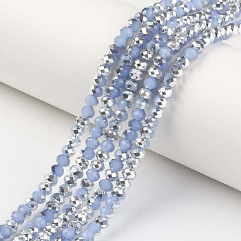 Electroplate Glass Beads Strands, Imitation Jade, Half Silver Plated, Faceted, Rondelle, Light Sky Blue, 4x3mm, Hole: 0.4mm, about 123~127pcs/strand, 16.5~16.9 inch(42~43cm)