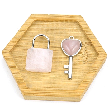 Natural Rose Quartz Love Heart Key and Couple Lock Pendant Set, for Valentine's Day, Lock: 30x20mm, Key: 15x40mm