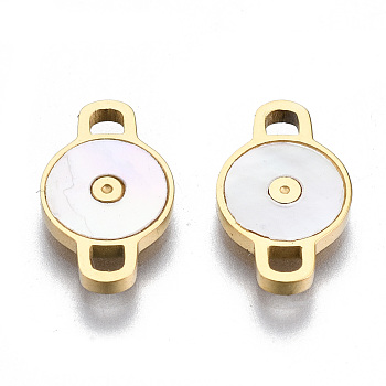 304 Stainless Steel Links Connectors, with Shell, Flat Round, Real 14K Gold Plated, 12.5x7.5x1.5mm, Hole: 1.5x1.5mm
