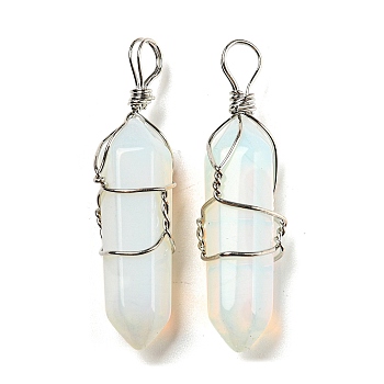 Opalite Double Terminal Pointed Pendants, Faceted Bullet Charms with Platinum Plated Iron Wire Wrapped, 42~46x10x13mm, Hole: 6~7x4.5~5.5mm