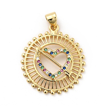Rack Plating Brass Micro Pave Colorful Cubic Zirconia Pendants, Long-Lasting Plated, Lead Free & Cadmium Free, Flat Round with Heart and Arrow, Real 18K Gold Plated, 25.5x22.5x3.5mm, Hole: 3.5x4mm