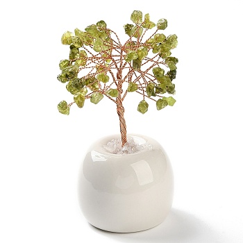 Natural Peridot Chips Tree of Life Decorations, Round Porcelain Base with Copper Wire Feng Shui Energy Stone Gift for Home Office Desktop Decoration, 57x113~129mm