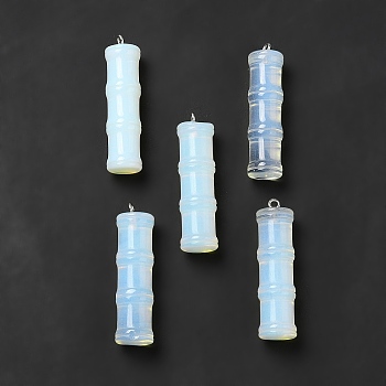 Opalite Pendants, Bamboo Stick Charms, with Stainless Steel Color Tone 304 Stainless Steel Loops, 45x12.5mm, Hole: 2mm