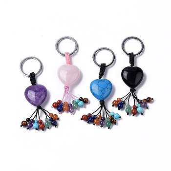 Natural & Synthetic Mixed Gemstone Heart with Mixed Gemstone Tassel Keychains, with 304 Stainless Steel Ring Clasps, 8.5~9cm