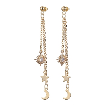 Moon & Star & Sun Cubic Zirconia Dangle Stud Earrings, Brass Chains Tassel Earrings, Real 18K Gold Plated, 75mm