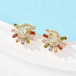 Brass Micro Pave Cubic Zirconia Sun Stud Earrings, Long-Lasting Plate, Rack Plating, Lead Free & Cadmium Free, Real 18K Gold Plated, 11x13.5mm(EJEW-F400-10G)