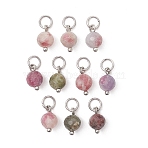 Natural Plum Blossom Tourmaline Pendants, Faceted Round Charms, with 304 Stainless Steel Jump Rings, Platinum, 10x6mm, Hole: 3.5mm(PALLOY-JF05440-01)