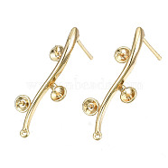 Brass Stud Earring Findings, for Half Drilled Bead, Nickel Free, Branch and Leaves, Real 18K Gold Plated, 25x10mm, Hole: 0.8mm, Pin: 0.7mm, Pin: 0.6mm(for half drilled beads)(KK-T062-66G-A-NF)