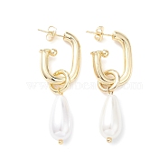 Brass Oval with ABS Pearl Teardrop Dangle Stud Earrings for Women, White, 52mm, Pin: 0.7mm(EJEW-C059-02G)