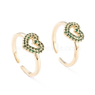 Brass Micro Pave Cubic Zirconia Cuff Rings, Open Heart Rings, Long-Lasting Plated, Real 18K Gold Plated, Green, Size 6~Size 7, Inner Diameter: 17~17.5mm(RJEW-F102-09G-02)