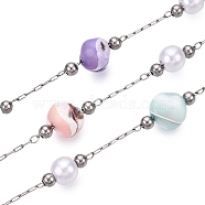 Handmade ABS Plastic Imitation Pearl & Shell Chains, for Necklaces Bracelets Making, with 304 Stainless Steel Chains, Soldered, with Spool, Stainless Steel Color, 4.5~8x6.5~8.5x6.5~8mm, Pearl: 6mm in diameter, bead: 3mm in diameter, links: 2x1.5x0.2mm & 2.5x1x0.2mm, interval: 25mm, about 10m/roll(CHS-T006-24P)