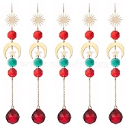Glass Teardrop & Octagon Window Hanging Suncatchers, Brass Sun & Moon & Star Pendants Decorations, Christmas Theme Ornaments, Colorful, 220mm(HJEW-JM00928)