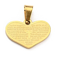 Vacuum Plating 304 Stainless Steel Pendants, Heart with Word & Cross Charm, Golden, 14x20x2mm, Hole: 7x3mm(STAS-D087-04G)