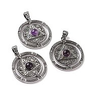 Natural Amethyst Pendants, Flat Round with Hexagram Charms, with Antique Silver Plated Alloy Findings, 42.5x37x8mm, Hole: 5.5x4mm(G-L524-05AS-04)
