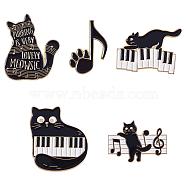 5Pcs 5 Style Cat with Music Enamel Pins, Light Gold Alloy Word Badges for Backpack Clothes, Black, 29.5~30x21~27x2mm, 1Pc/style(JEWB-SZ0001-90)