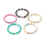 Handmade Polymer Clay Beads Stretch Bracelets, with Brass Spacer Beads and Glass Seed Beads, Heart, Mixed Color, Inner Diameter: 2-1/8 inch(5.35cm)(BJEW-JB06432)