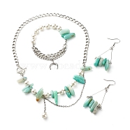 Natural Amazonite & Shell Pearl Beads Healing Power Jewelry Set for Girl Women, Beaded Necklace & Bracelet & Triangle Dangle Earrings Jewelry Set with Curb Chain, Stainless Steel Color, 17.68 inch(44.9cm), 7.48 inch(190mm), 2.64 inch(67mm), Pin: 0.7mm, 3pcs/set(X1-SJEW-TA00002)