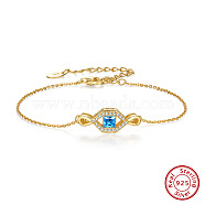 925 Sterling Silver Eye Link Bracelet for Women, with Deep Sky Blue Cubic Zirconia, with S925 Stamp, Real 14K Gold Plated, 6-3/8 inch(16.3cm)(STER-M116-11G)