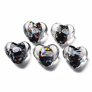 Handmade Lampwork Beads, with Inner Flower, Heart, Black, 15x15~16x9mm, Hole: 1.2mm(LAMP-T011-04B)