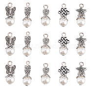 6 Sets Acrylic Imitated Pearl Pendants, with Tibetan Style Alloy Finding, Owl & Butterfly & Heart & Starfish, Antique Silver, 18~23mm, Hole: 2.5mm, 5pcs/set, 30pcs/box(FIND-AR0003-39)