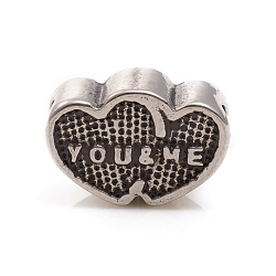 Valentine's Day 304 Stainless Steel European Beads, Large Hole Beads, Heart with Word You & Me, Antique Silver, 10x15x7mm, Hole: 5mm(STAS-G228-24AS)