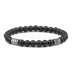 6mm Frosted Natural Black Obsidian Round Beaded Stretch Bracelets, with Hexagon Beads for Women Men(NA0415-7)