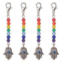Alloy Hamsa Hand with Natural Dyed Malaysia Round Beaded Pendant Decoration, Colorful, 69.5mm(HJEW-JM00941)