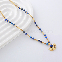 Fan Stainless Steel Pendant Neacklaces, Natural Lapis Lazuli Beaded Necklaces for Women, Real 18K Gold Plated, 17.32 inch(44cm)(VW2657-1)