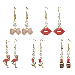 Alloy Enamel & Polymer Clay Rhinestone Beaded Dangle Earrings, Valentine's Day Theme Drop Earrings with 304 Stainless Steel Pins, Mixed Shapes, 38~53x7~18mm(EJEW-JE05355)