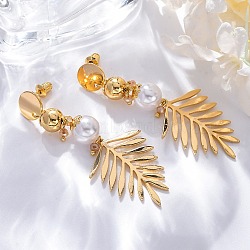 Brass Leaf Dangle Stud Earrings, with ABS Imitation Pearl & Glass, Leaf, Real 18K Gold Plated, 66x25mm(EJEW-R014-09G)