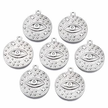 Tibetan Style Alloy Pendants, Cadmium Free & Nickel Free & Lead Free, Flat Round with Eye, Thailand Sterling Silver Plated, 25x21.5x2mm, Hole: 2mm