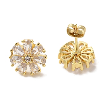 Flower Clear Cubic Zirconia Studs Earrings, Brass Jewelry for Women, Long-Lasting Plated, Lead Free & Cadmium Free, Real 18K Gold Plated, 13x13mm