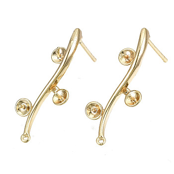 Brass Stud Earring Findings, for Half Drilled Bead, Nickel Free, Branch and Leaves, Real 18K Gold Plated, 25x10mm, Hole: 0.8mm, Pin: 0.7mm, Pin: 0.6mm(for half drilled beads)