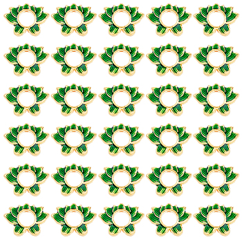 30Pcs Alloy Enamel Bead Frame, Lotus Flower, Green, Golden, 14x19x4mm, Hole: 1.6mm, Inner: 6mm