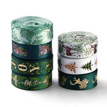 7 Rolls Christmas Satin Ribbon, Polyester Ribbon, for Making Crafts, Gift Package, Christmas Themed Pattern, Dark Green, 5/8 inch(17mm), 5 yards/roll(4.57m/roll)