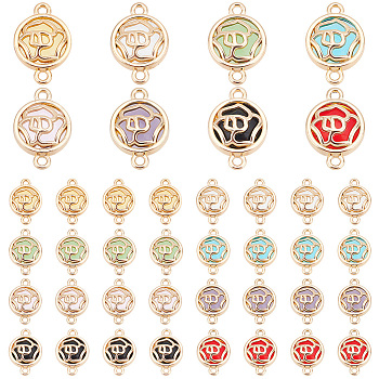 28pcs 7 colors Glass Connector Charms, with Light Gold Plated Alloy Findings, Flat Round with Flower, Mixed Color, 19.5x13.5x5.5mm, Hole: 1.6mm, 4pcs/color