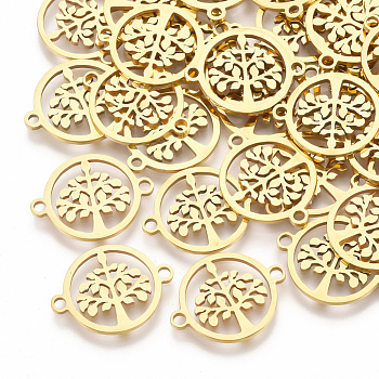 201 Stainless Steel Links connectors, Laser Cut Links, Flat Round with Tree of Life, Golden, 15x19x1mm, Hole: 1.8mm