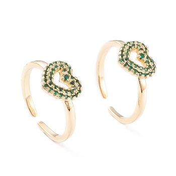 Brass Micro Pave Cubic Zirconia Cuff Rings, Open Heart Rings, Long-Lasting Plated, Real 18K Gold Plated, Green, Size 6~Size 7, Inner Diameter: 17~17.5mm