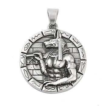 Titanium Steel Pendants, Flat Round with Anubis of Egypt Charm, Antique Silver, 45x40x6mm, Hole: 9x7mm