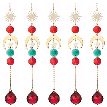 Glass Teardrop & Octagon Window Hanging Suncatchers, Brass Sun & Moon & Star Pendants Decorations, Christmas Theme Ornaments, Colorful, 220mm