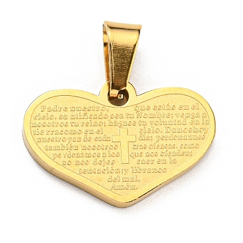 Vacuum Plating 304 Stainless Steel Pendants, Heart with Word & Cross Charm, Golden, 14x20x2mm, Hole: 7x3mm