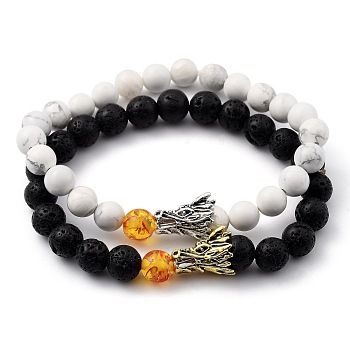 Men's Natural Howlite & Lava Rock Stretch Beaded Bracelets Sets, with Resin Imitation Amber Beads and Dragon Head Alloy Beads, Antique Silver & Antique Golden, Inner Diameter: 2-1/8 inch(5.5cm), 2pcs/set